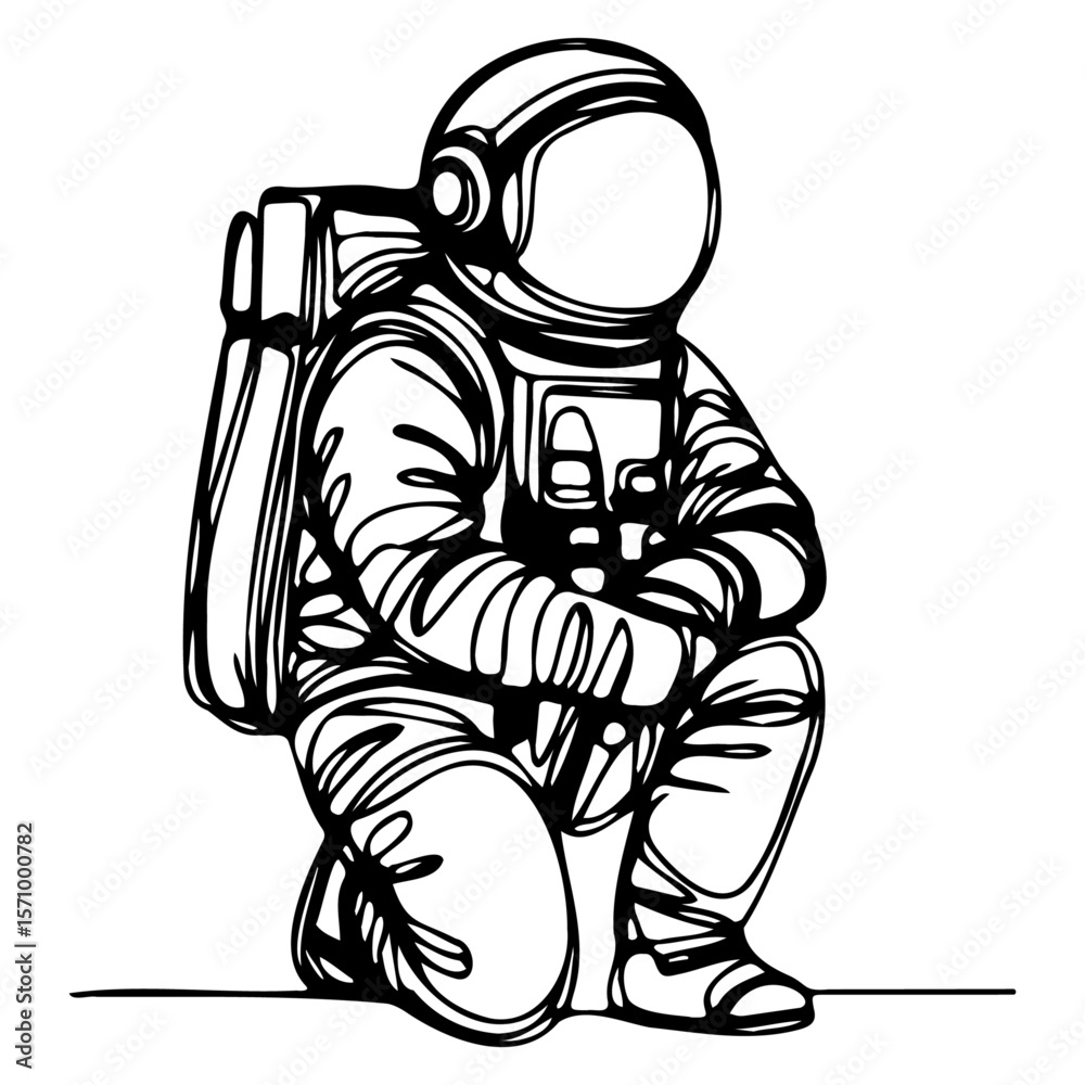 Fototapeta premium Kneeling Astronaut Line Art