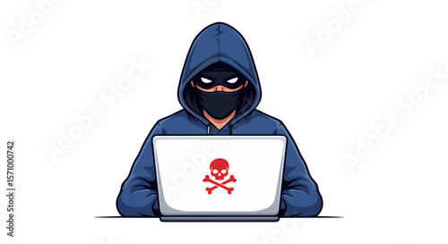 Anonymized Hacker in Blue Hoodie with Skull Laptop Vector  Digital Danger Symbol on Laptop with Anonymous User 