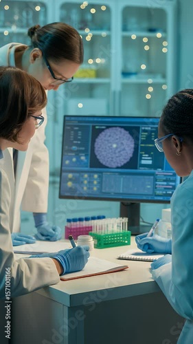 Wallpaper Mural Scientific Discovery: A group of dedicated researchers huddled around a monitor within a modern laboratory, meticulously examining data and collaborating on a groundbreaking scientific exploration. Torontodigital.ca