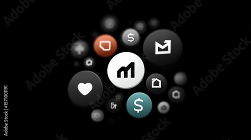 Abstract Tech Icons: Modern App Interface Design on Black