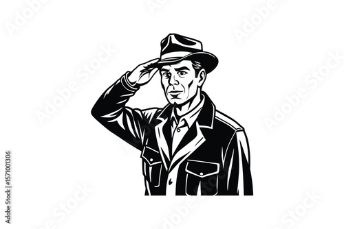Retro Man in Hat Saluting in Black and White Illustration