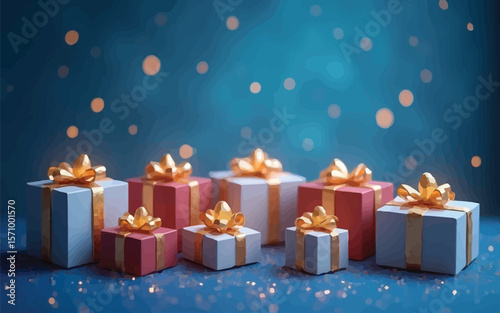 Festive scene with wrapped gift boxes in front of a glowing bokeh background, radiating holiday cheer.
