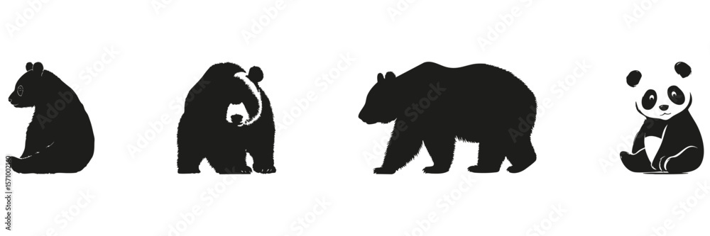 Fototapeta premium Bear Silhouettes In Solid Icon Set. Wildlife Observation And Animal Behavior Symbol Collection. Environmental And Educational Use. Isolated Vector Illustration