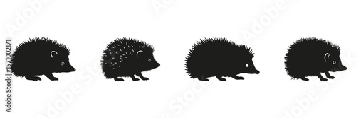 Hedgehog Silhouettes In Solid Icon Set. Wildlife Observation And Nature Appreciation Symbol Collection. Environmental And Educational Use. Isolated Vector Illustration
