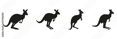 Kangaroo Silhouettes In Solid Icon Set. Wildlife Observation And Nature Symbol Collection. Environmental And Educational Use. Isolated Vector Illustration