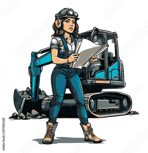 Professional Woman Engineer Holding Plans with Excavator in Background