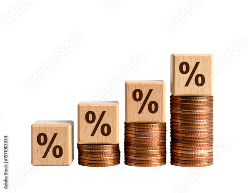 Four stacks of coins increasing in height, each topped with a wooden block displaying a percentage symbol.
