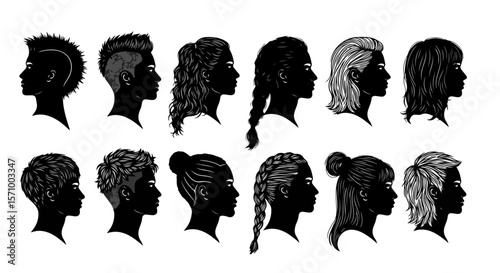 Collection of diverse hairstyles on female silhouettes showcases modern hair trends for salon and beauty inspiration.