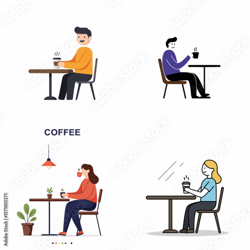 Coffee break collection: A set of people enjoying coffee, each in a different pose, capturing a moment of relaxation and the simple pleasure of coffee.