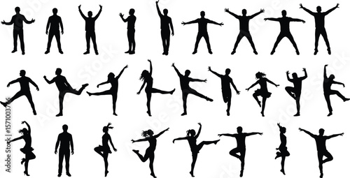 Dynamic pose collection cad drawing flat vector illustration, thirty human silhouettes in action gestures and stances, front motion study layoutDynamic pose collection cad drawing flat vector 