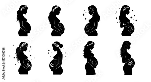 Silhouettes showcase the beauty of pregnancy with floral and celestial elements, capturing a serene anticipation of motherhood