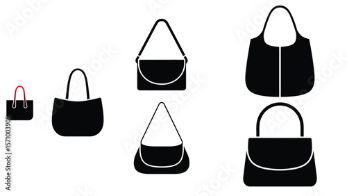 Collection of various bag designs silhouettes isolated on white background