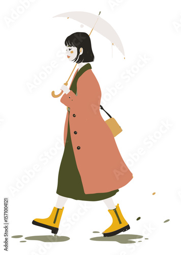Woman Walking with Umbrella in Rainy Weather Vector Illustration