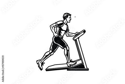 Monochrome illustration of a man running on a treadmill for exercise