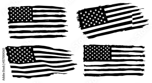American flags are displayed in a set of four vector images in a black and white monochrome grunge style, silhouette
