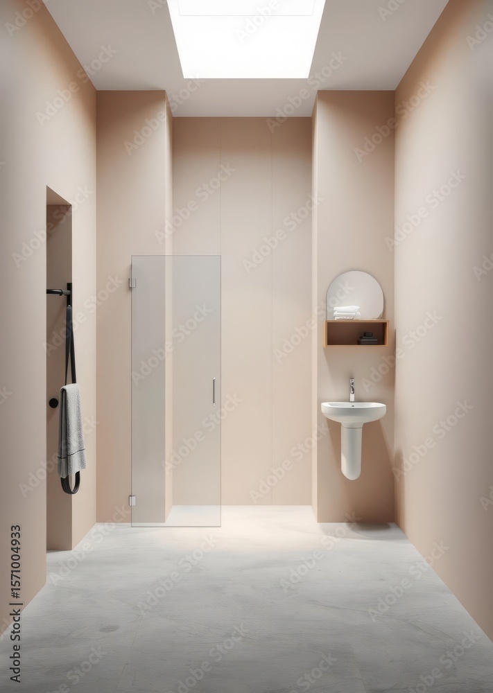 Modern bathroom interior with beige and white walls shower area basin with mirror shelf and grey concrete floor Empty room interior design architecture blank design room Modern bathroom interior with beige and white walls shower area basin with mirror shelf and grey concrete floor Empty room interior design architecture blank design room