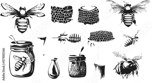 Black and White Honey Bee and Honeycomb Vector Illustration
