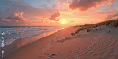 Golden sunrise lights up sand dunes by the calm seaside, casting long shadows and warm hues.
