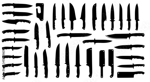 Silhouette assortment of knives on white showcases weapons, blades and sharp metal tools