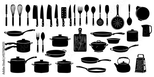 Assortment of kitchen utensils in black silhouette style including cutlery, pots, pans, graters, and more for cooking