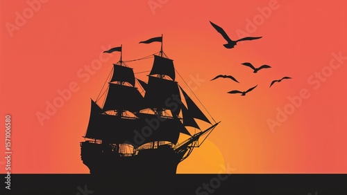 Gliding tall sailing ship silhouette crossing open sea at dusk, with furled sails and seagulls