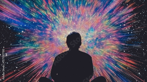 Human silhouette filled with glowing golden star particle in deep space, AI generated