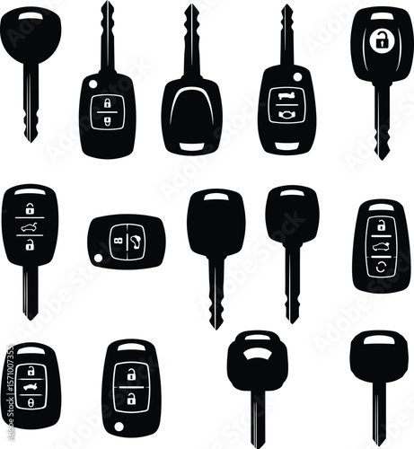 Diverse Car Key and Remote Fob Silhouettes Vector Collection: Modern Vehicle Access, Keyless Entry, and Traditional Ignition Icons for Automotive Designs.