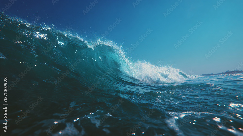 Fototapeta premium Ocean wave cresting against a clear blue sky, splashing water drops with bright sun glare for summer vacation and sea landscape.