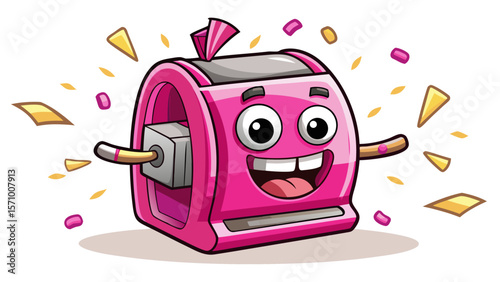A cheerful pink sharpener with a big grin swirls its blade safely. It happily catches pencil shavings, ready to help sharpen minds and keep creativity flowing in class.