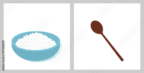 Rice bowl and spoon icon signs isolated on white background vector.
