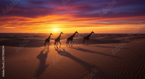 Giraffes Silhouetted at Sunset in the Desert