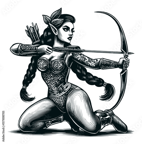 Elegant Archer Drawing in Black and White Style with Floral Elements