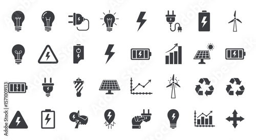 Electricity, Energy, and Power Solid Icon Set
