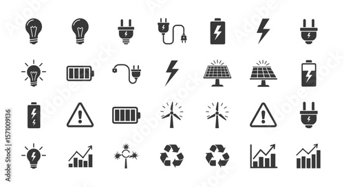 Electricity, Energy, and Power Solid Icon Set