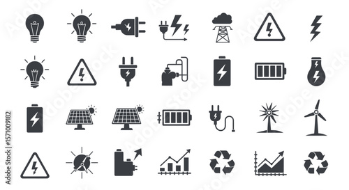 Electricity, Energy, and Power Solid Icon Set