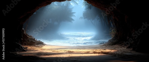 Sunny beach view from a dark cave entrance with ocean, trees, and light
