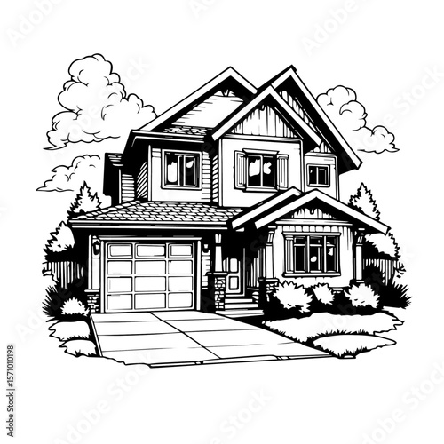 Hand Drawn Suburban House Illustration – Black and White Vector Art