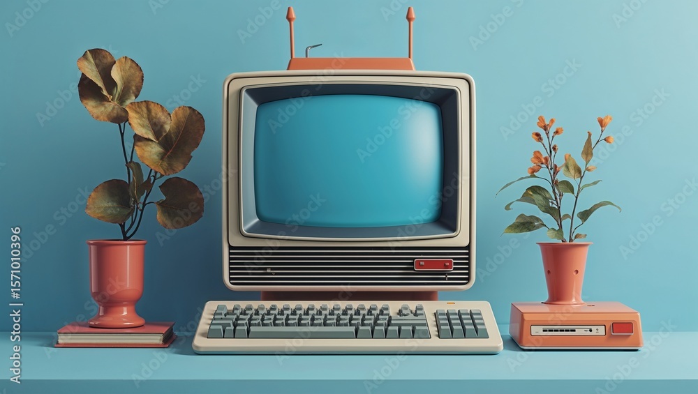 Naklejka premium Displaying vintage CRT monitor, keyboard, floppy drive on blue tabletop, with terracotta plant pots