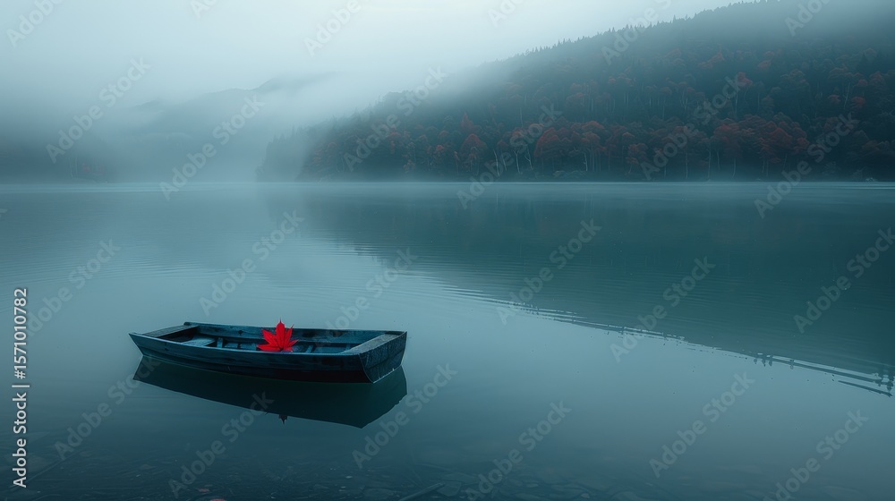 Fototapeta premium Serene wooden boat on misty lake surrounded by autumn forest with a single red maple leaf