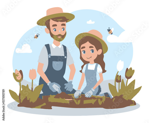 Cartoon of Farmer and Child Planting in a Garden with Bees and Flowers