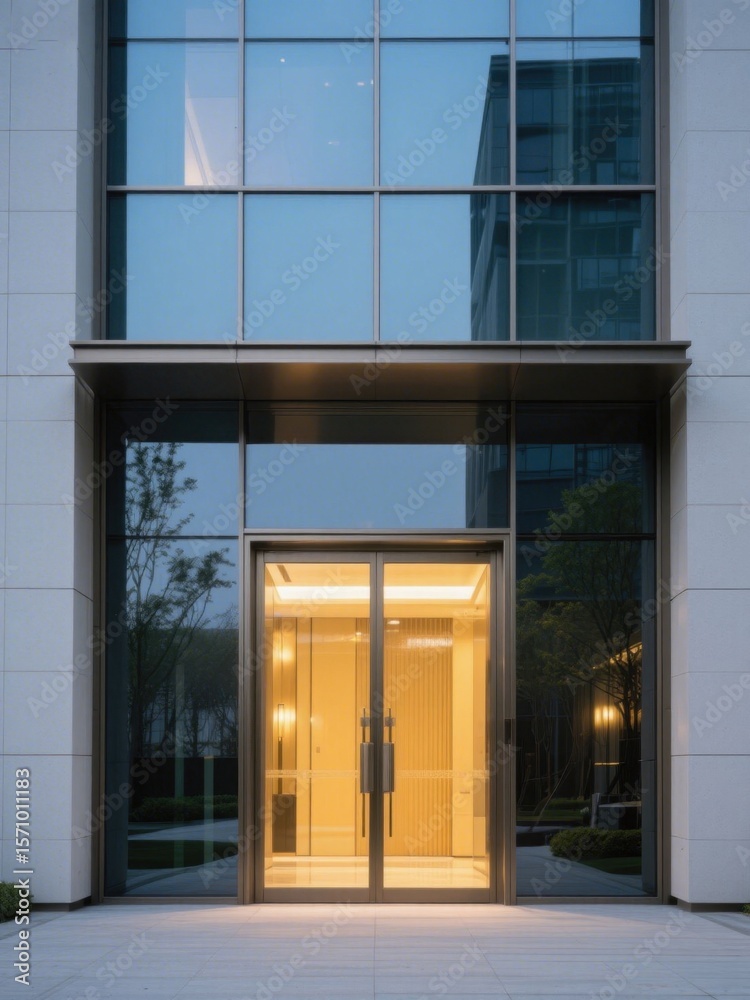 Obraz premium The glass curtain wall facade of a modern building, with warm light emanating from the entrance, showcasing a simple and grand urban architectural style. 