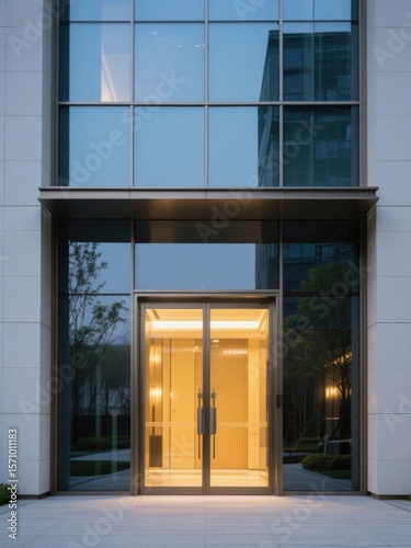 The glass curtain wall facade of a modern building, with warm light emanating from the entrance, showcasing a simple and grand urban architectural style.
