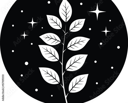 Black and white leaf branch with stars vector illustration graphic design