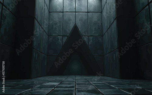 Dark corridor glows with eerie light, revealing a mysterious triangular door at the shadowed end.

