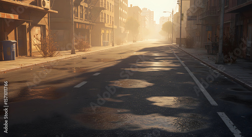 Deserted Downtown Street with Patches of Rainwater