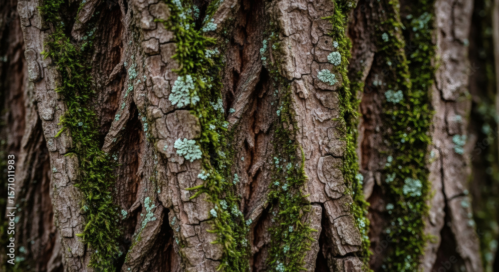 Obraz premium Close up texture of tree bark with moss and lichen in natural forest environment
