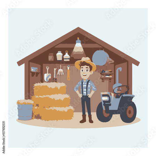 Cheerful Cartoon Farmer in Barn with Tractor and Hay Bales