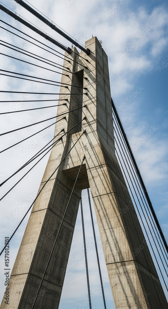Fototapeta premium Close-up view of a concrete bridge pylon, showcasing its geometric design and texture against a partly cloudy sky, symbolizing strength, stability, and modern architecture