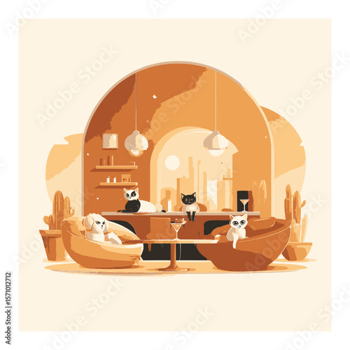 Cozy Indoor Space with Cartoon Cats Relaxing on Stylish Furniture