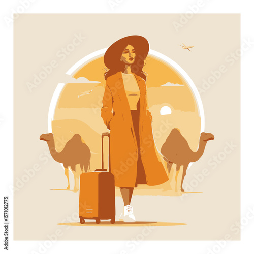 Stylish Traveler in Desert Landscape with Camels and Sunset Background